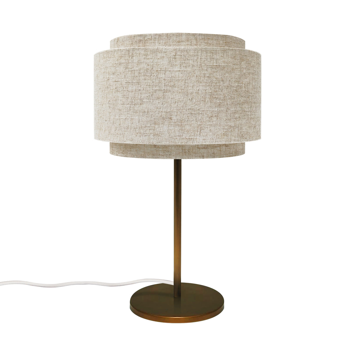 Table lamp with a tiered beige fabric shade and a bronze base