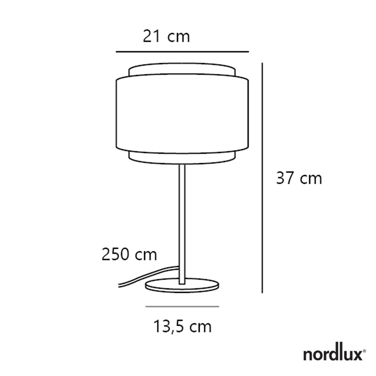 Line drawing of a table lamp with dimensions: height 37 cm, shade diameter 21 cm, base diameter 13.5 cm