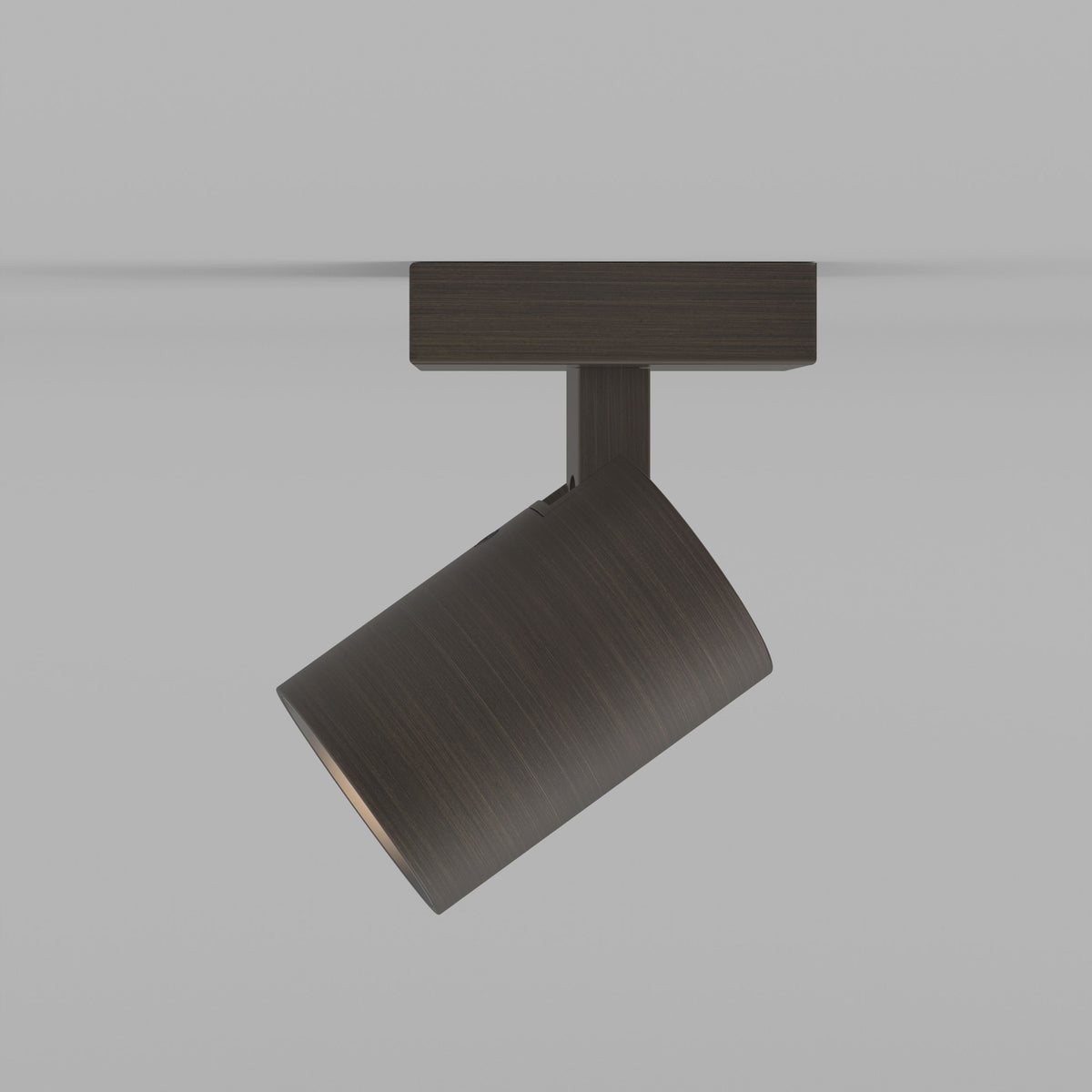 Dark brown ceiling spotlight with a cylindrical head angled downwards, mounted on a rectangular base