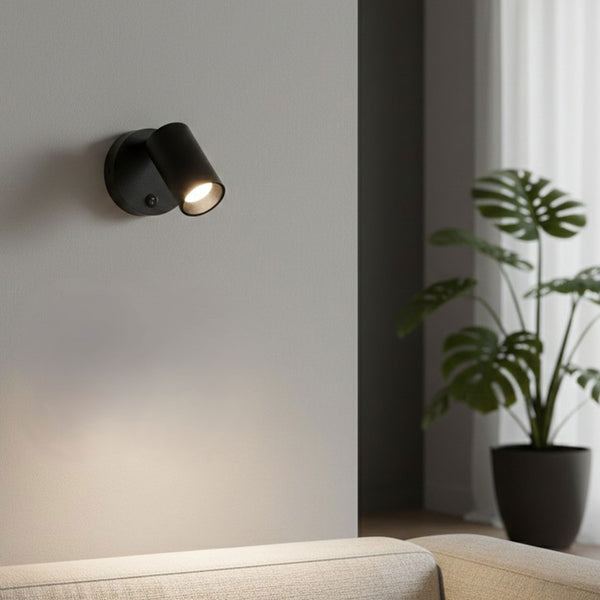 Black wall light illuminating a light grey wall above a sofa, with a large green plant in the background