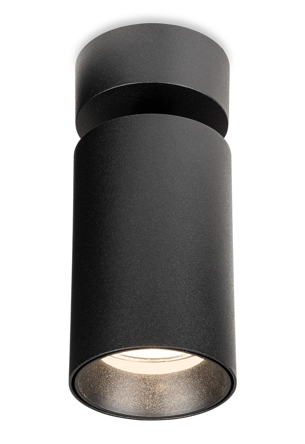 Black cylindrical ceiling light fixture with a textured finish and a warm glow from the bulb