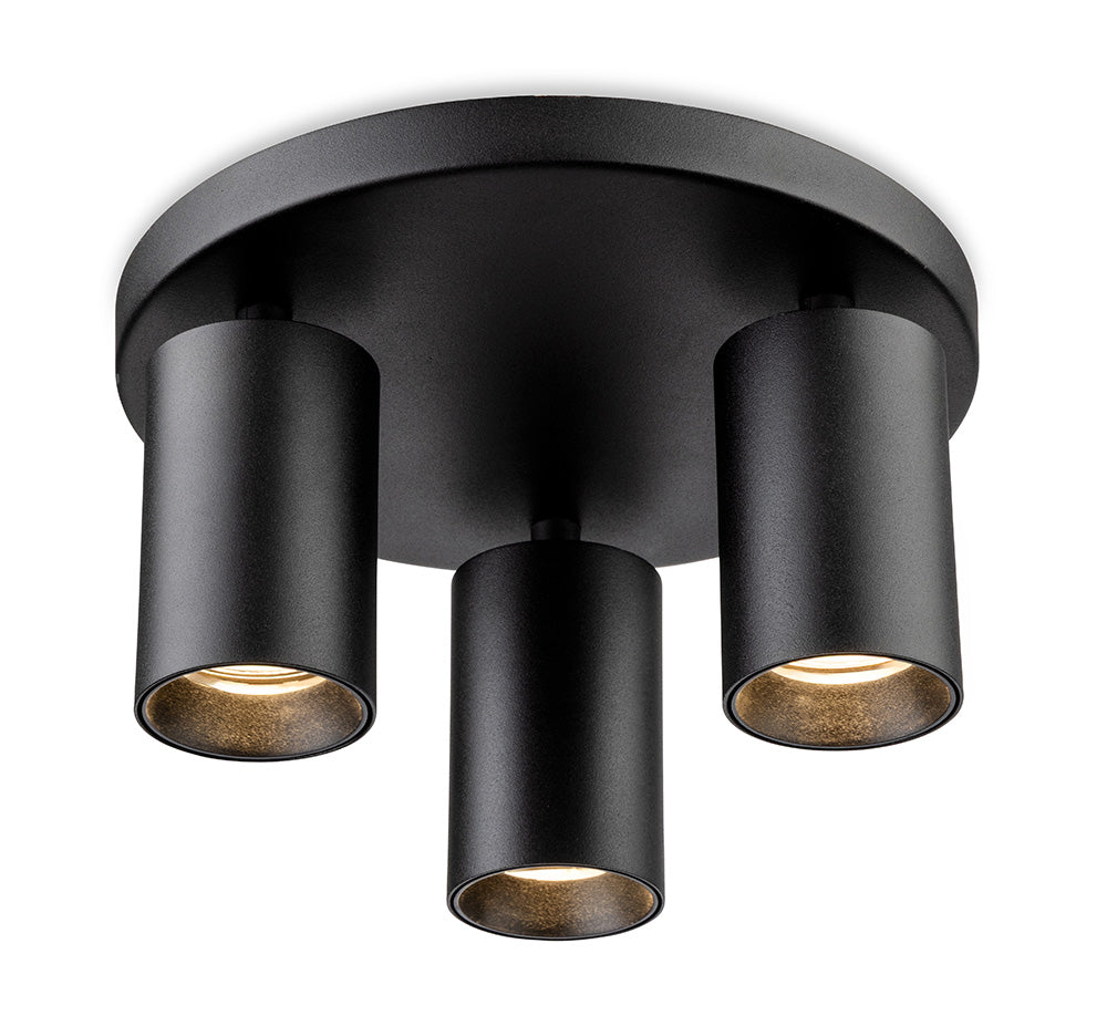 Black ceiling light with three cylindrical spotlights
