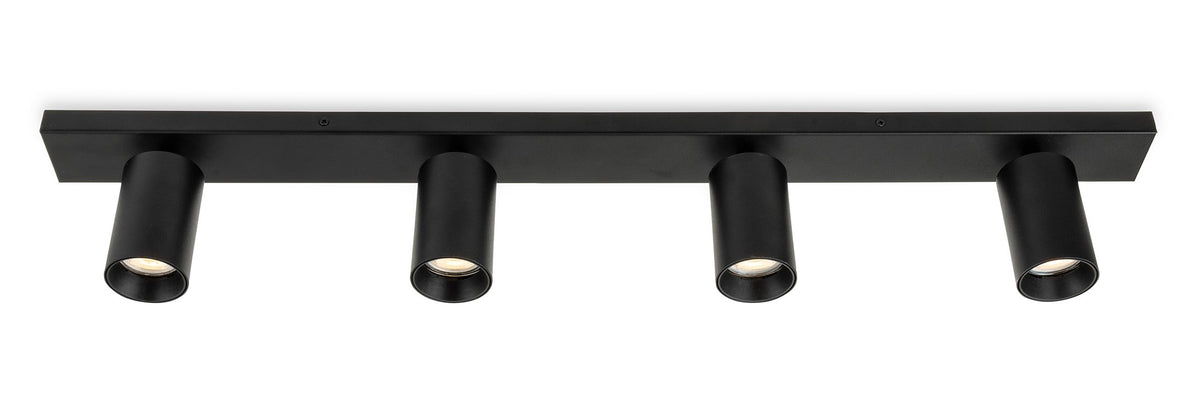 Four black cylindrical ceiling spotlights on a black rectangular base
