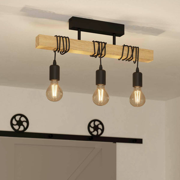 Townshend Three Lamp Wooden Bar Semi Flush Ceiling Light with Black Detailing