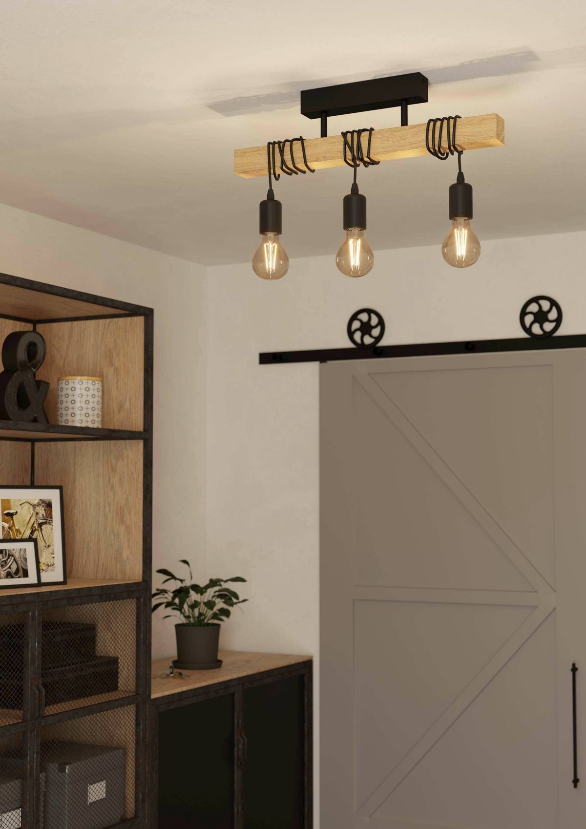 Townshend Three Lamp Wooden Bar Semi Flush Ceiling Light with Black Detailing