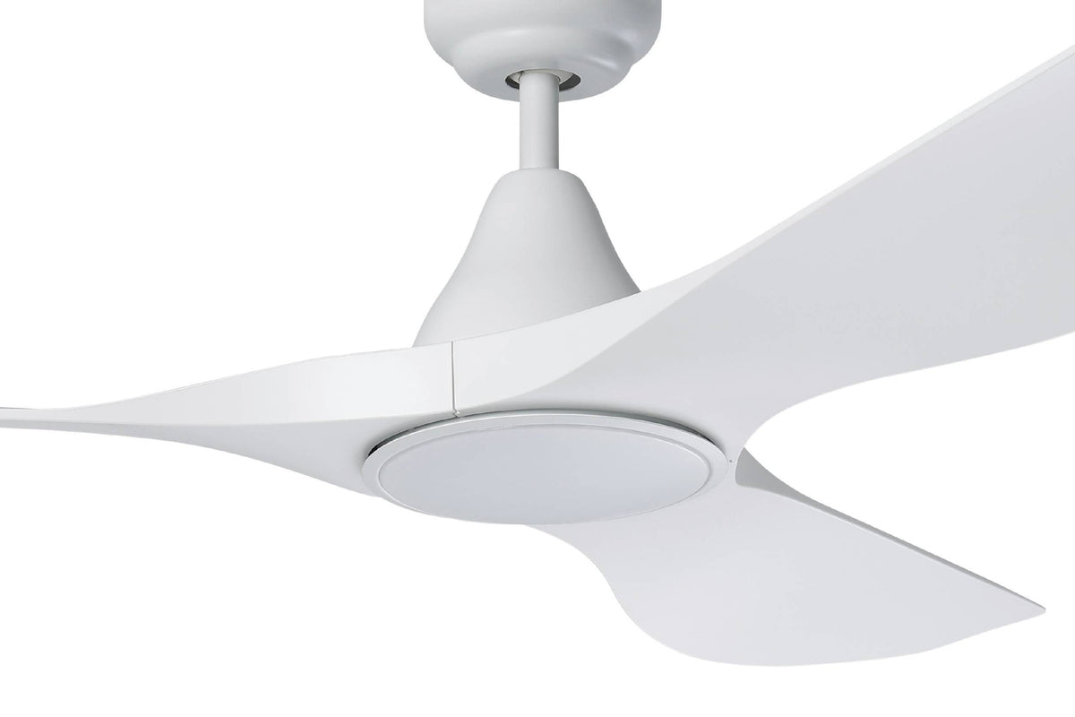 White ceiling fan with three curved blades and a central light fixture