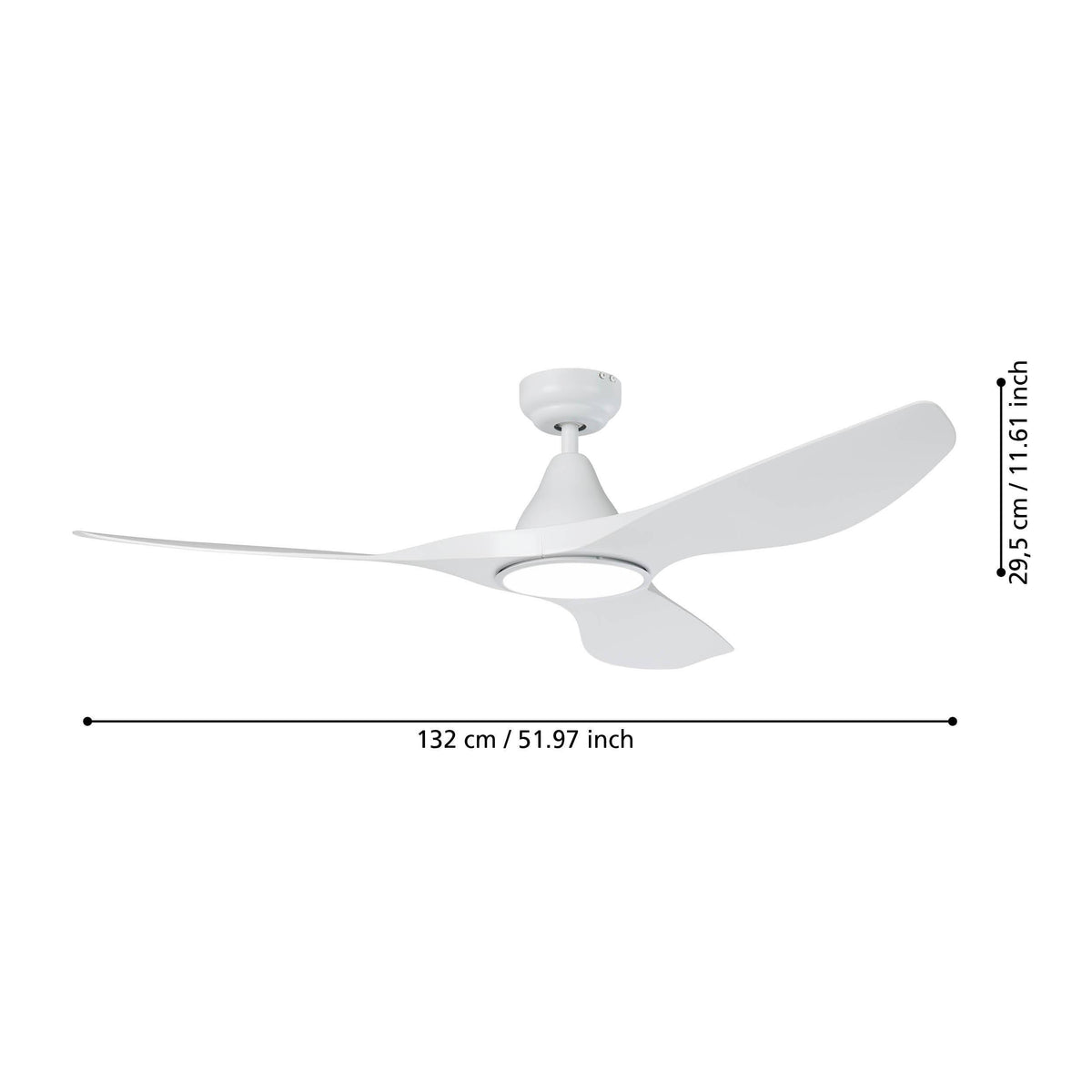White ceiling fan with three blades and integrated light, showing dimensions of 132 cm and 29.5 cm
