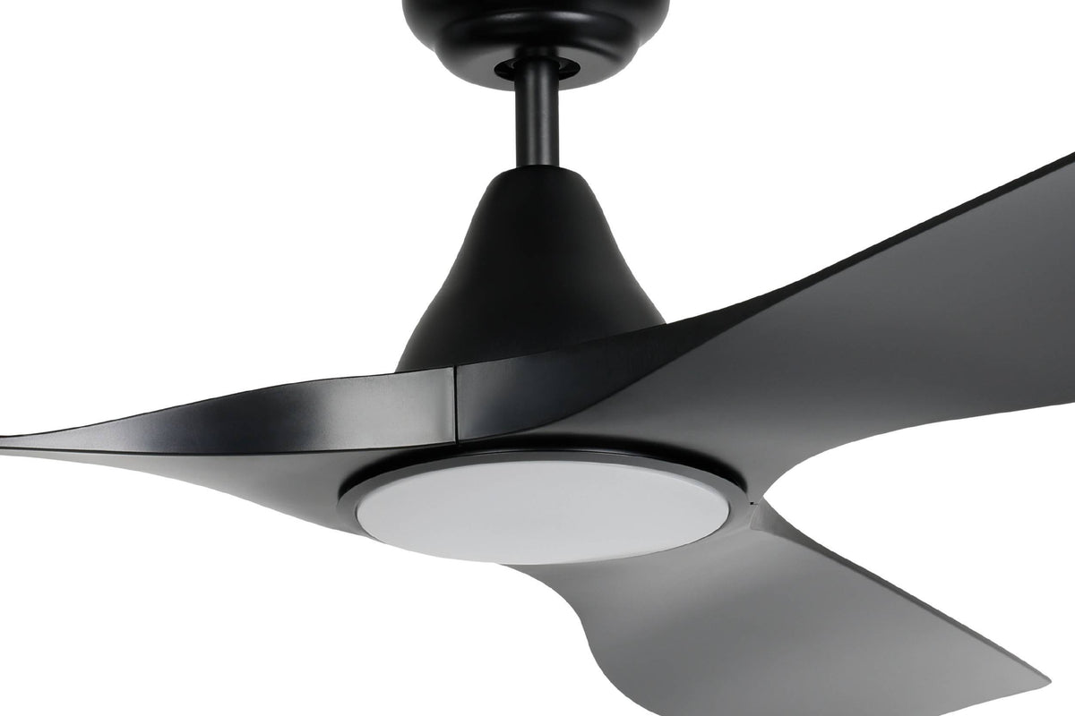 Black ceiling fan with three curved blades and a circular white light fixture