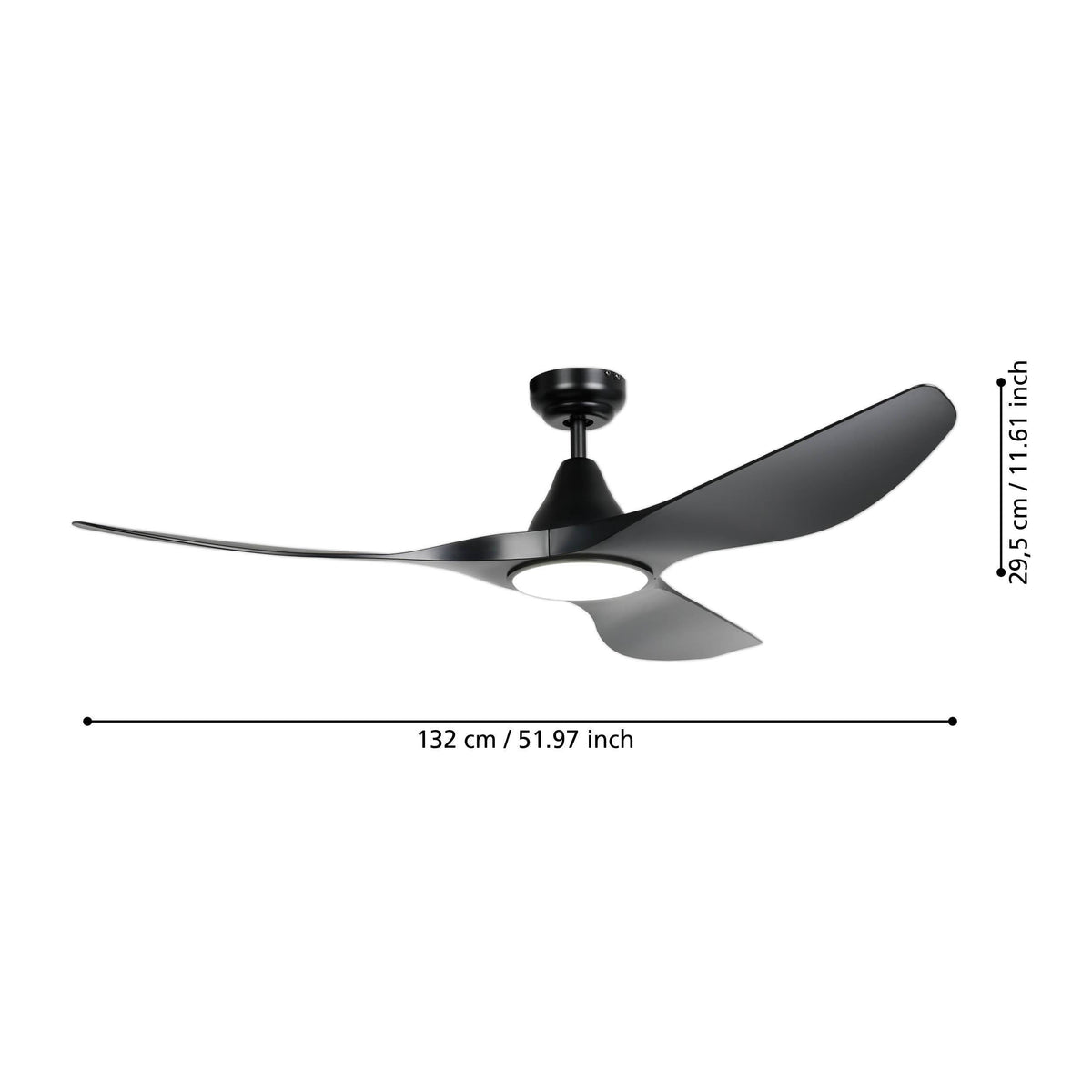 Black ceiling fan with three blades and an integrated light, showing dimensions of 132 cm width and 29.5 cm height