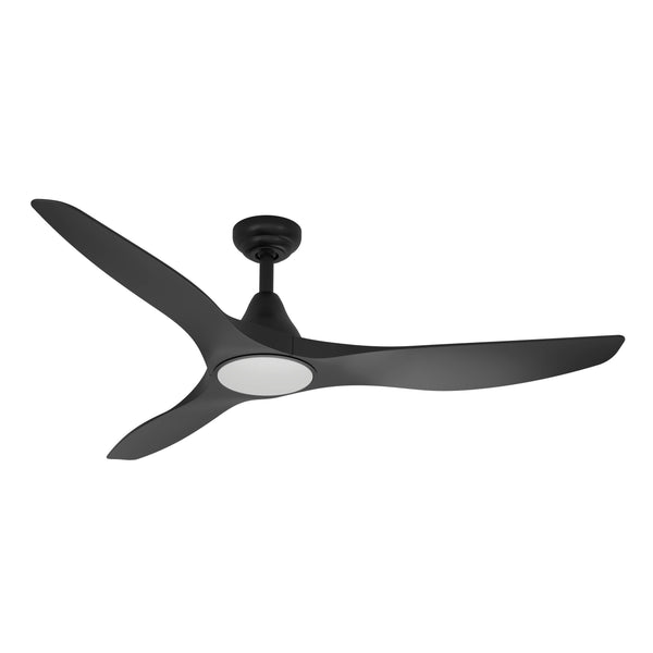 Black ceiling fan with three blades and a circular white light fixture