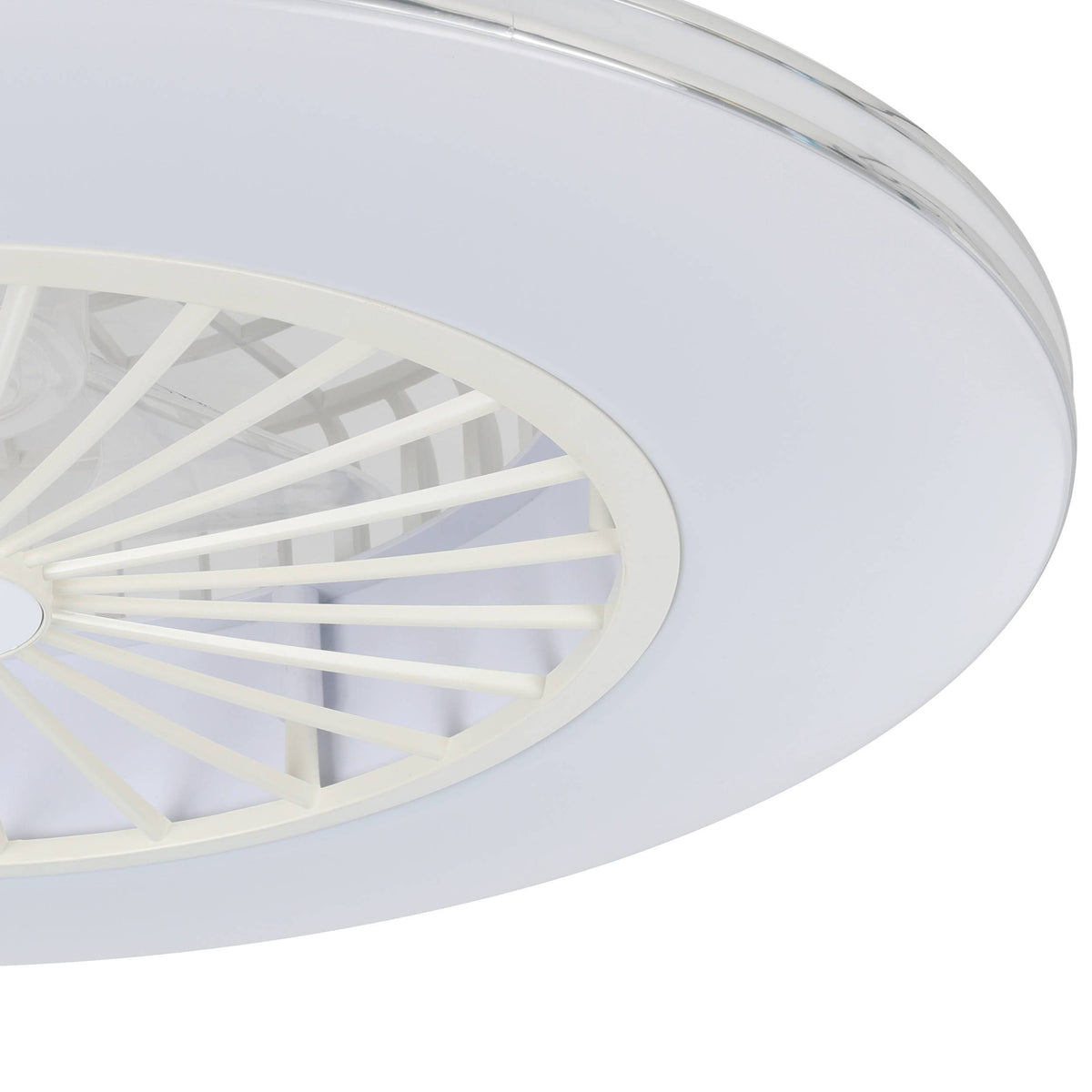 White ceiling fan with light, close up view