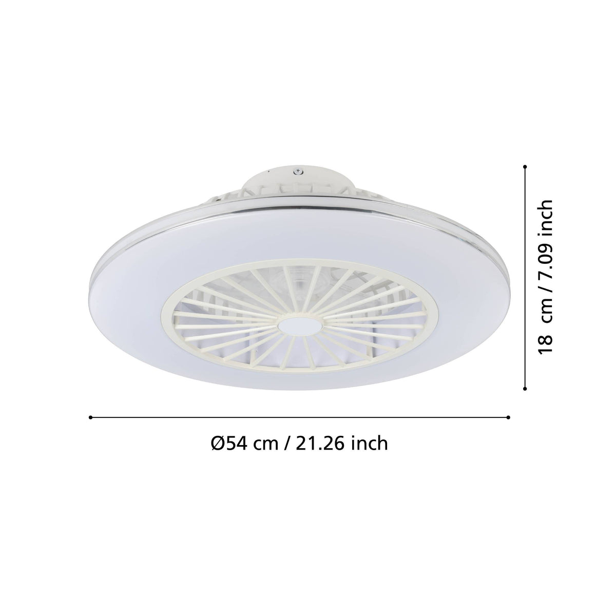 White ceiling fan with light, 54 cm diameter, 18 cm height