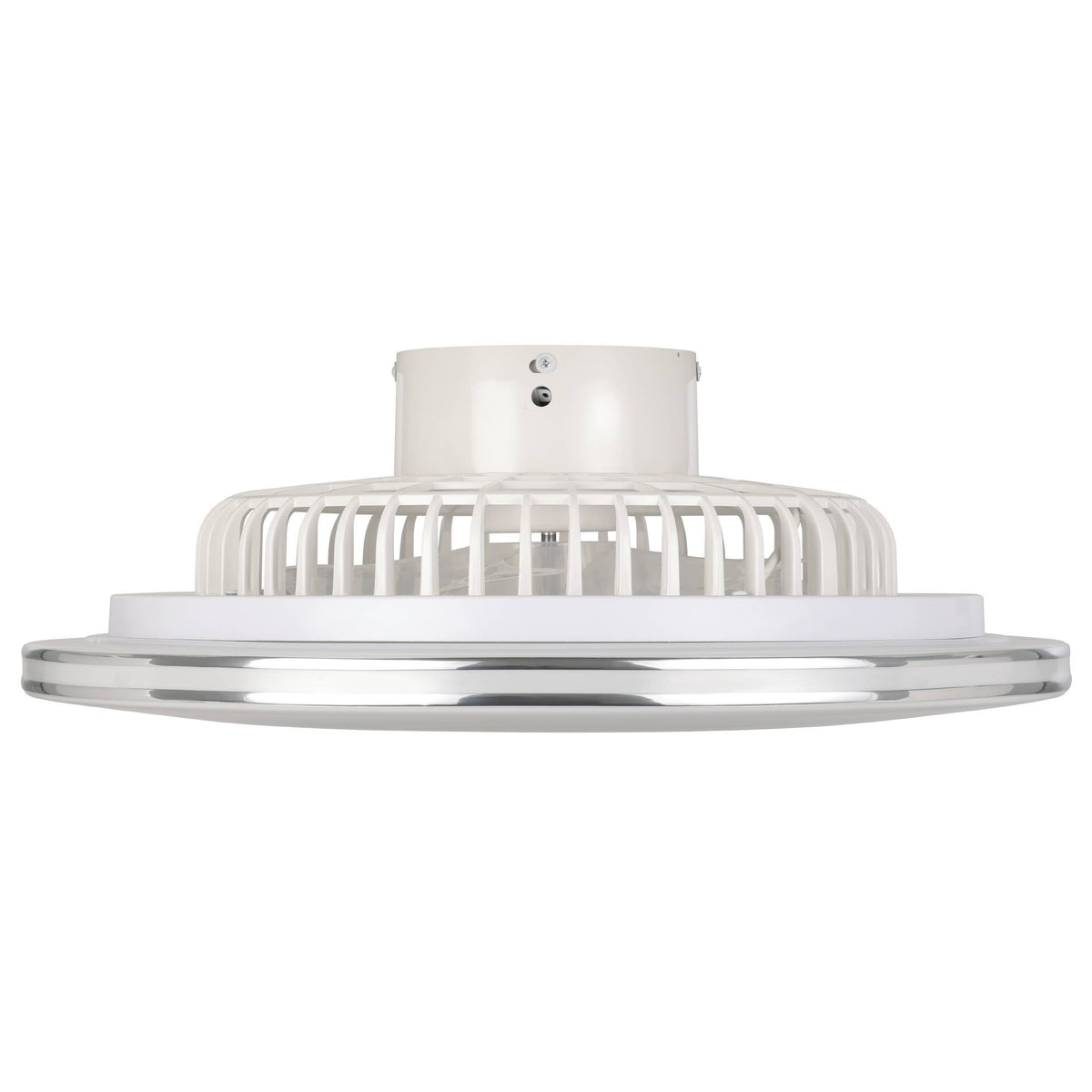 White ceiling fan with a silver trim
