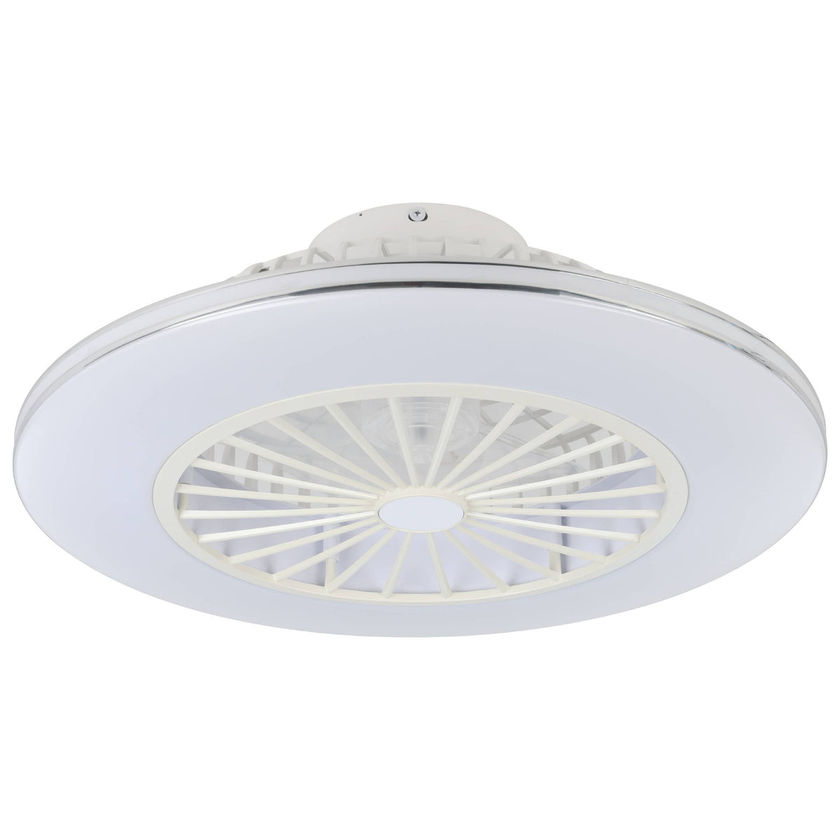 White ceiling fan with a circular light fixture and a decorative grille over the fan blades