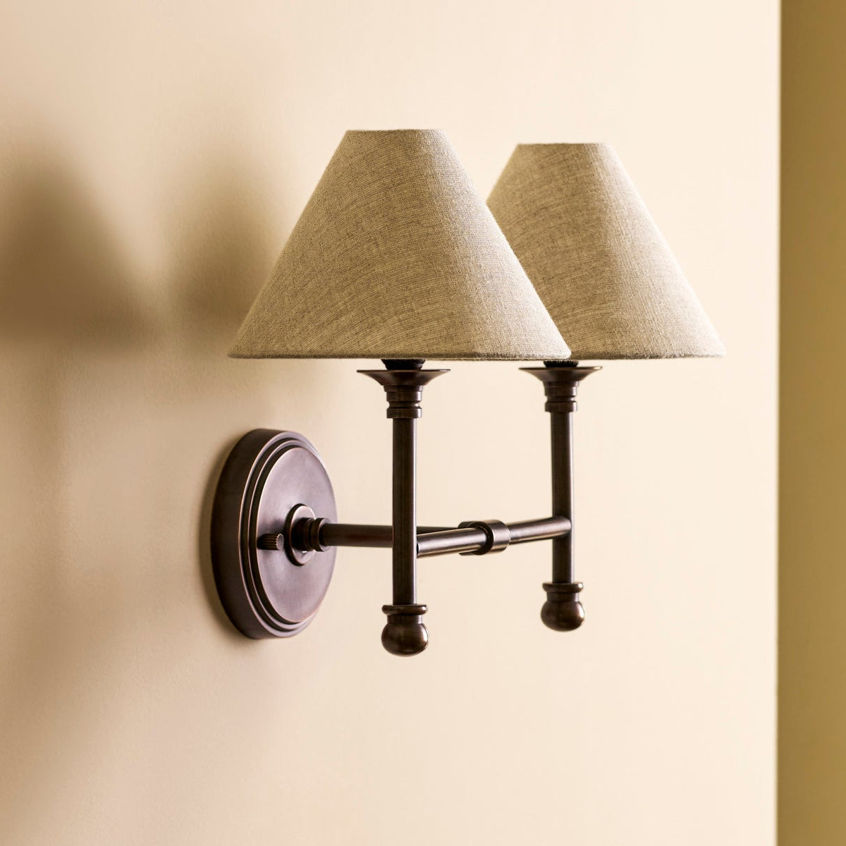 Kelmscot Twin Antique Bronze Light with Linen Shades