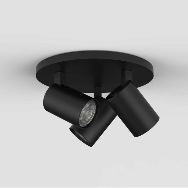 Black ceiling light with three adjustable cylindrical spotlights