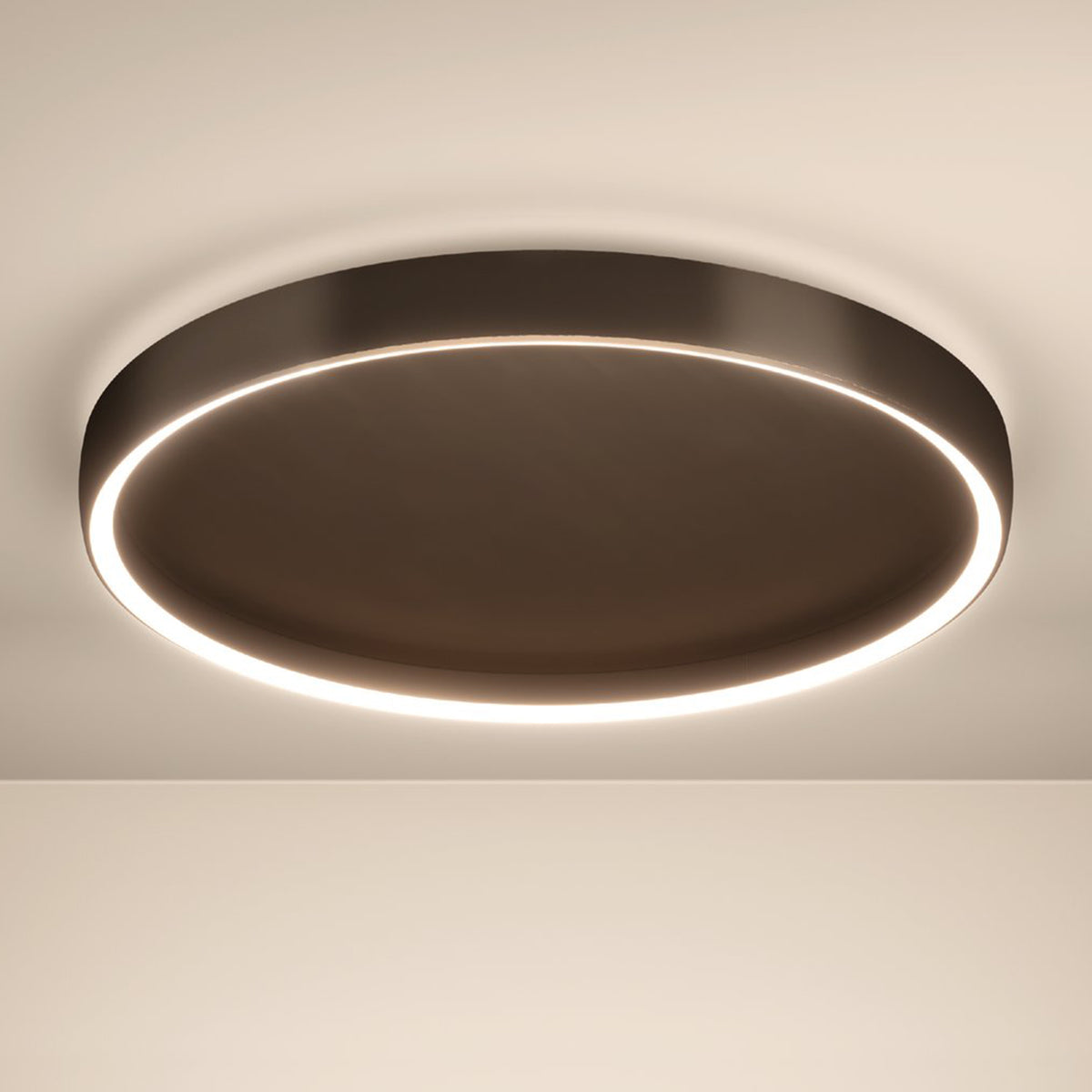 Modern round ceiling light with a dark brown finish and a glowing LED ring.