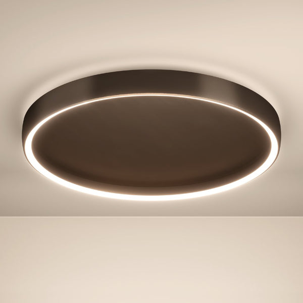 Modern round ceiling light with a dark brown finish and a glowing LED ring.
