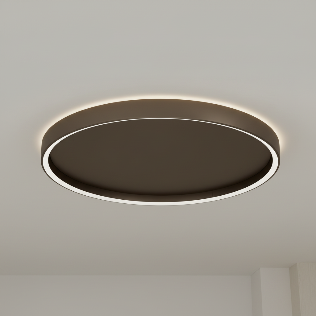 Round brown ceiling light with a thin white LED strip around its edge.