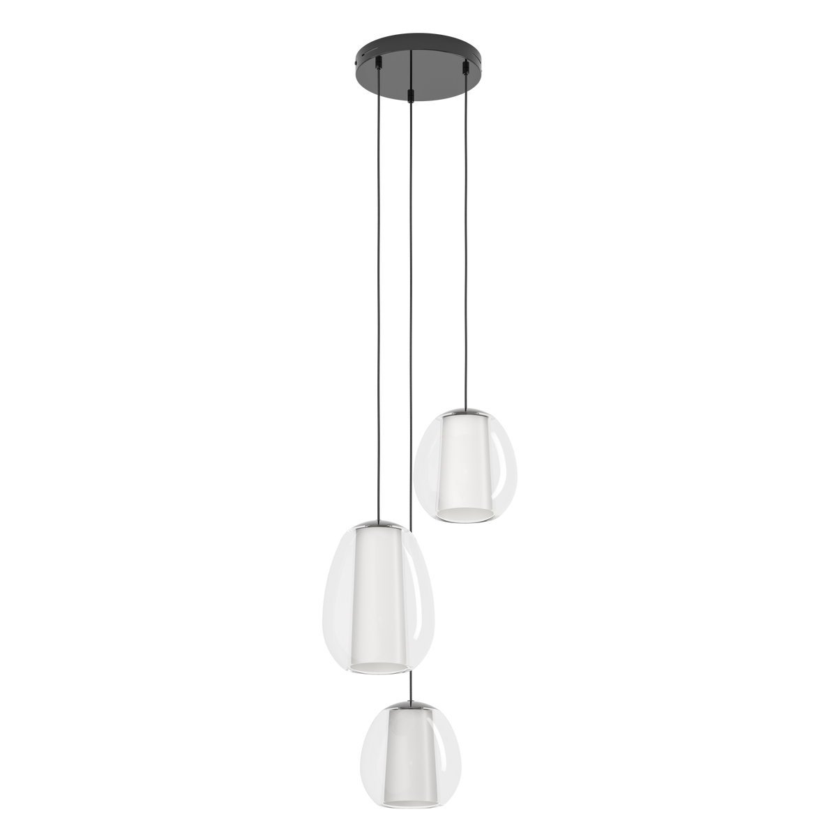 Three pendant lights with clear glass shades and white inner diffusers hanging from a black circular base
