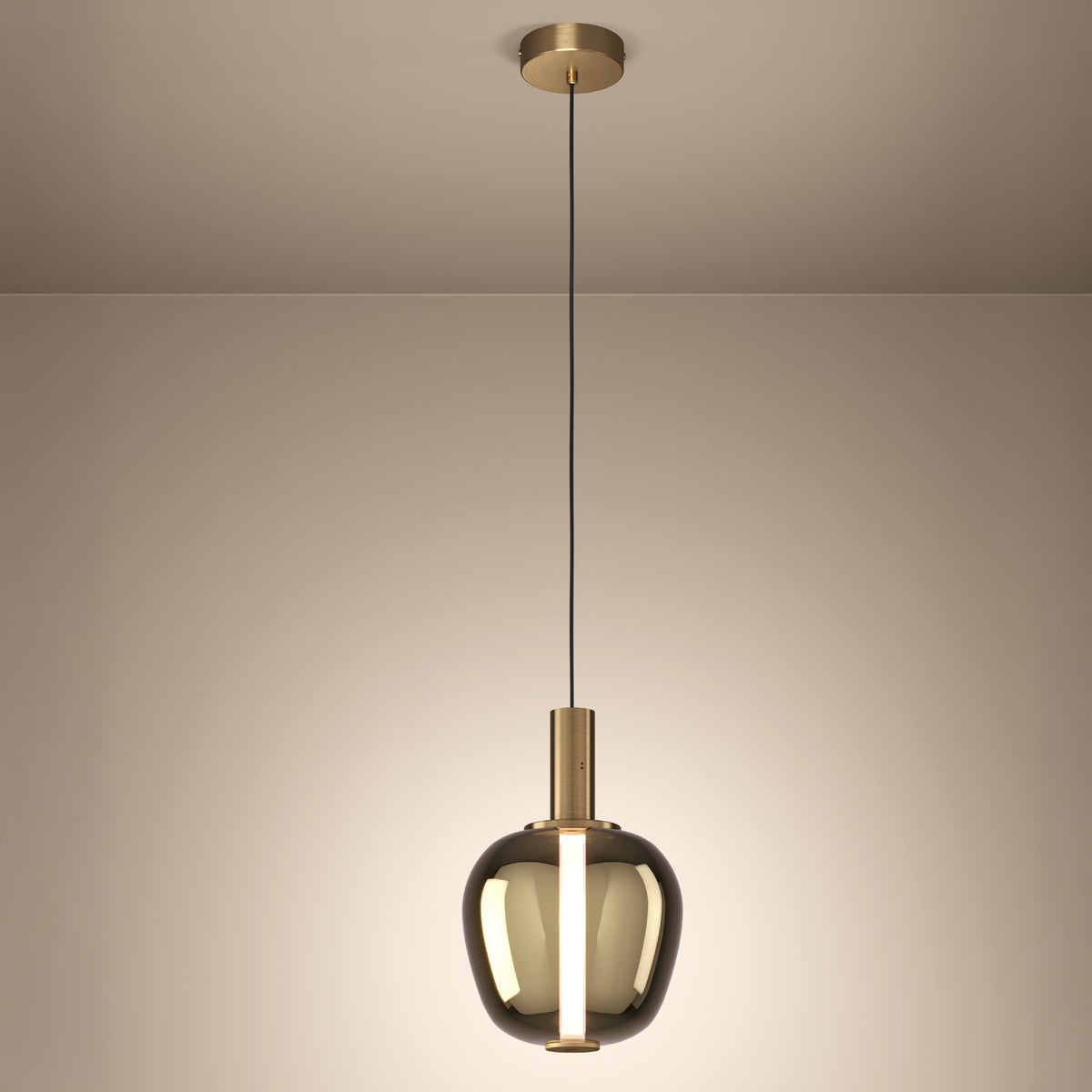 Modern pendant light with a brass ceiling mount and a dark, rounded glass shade illuminating a vertical light strip.