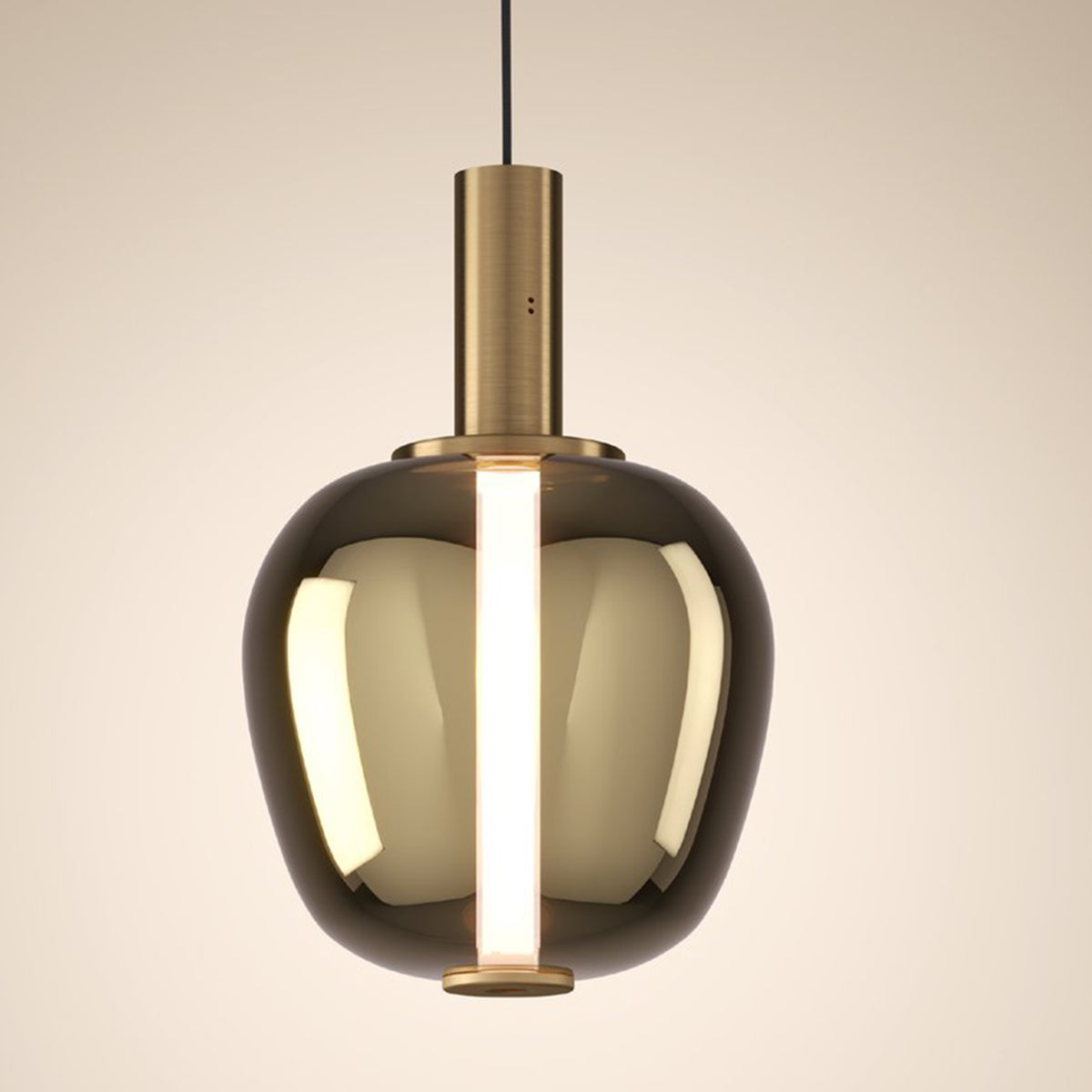 A modern pendant light with a bronze cylindrical top and a dark, reflective, bell-shaped glass shade.