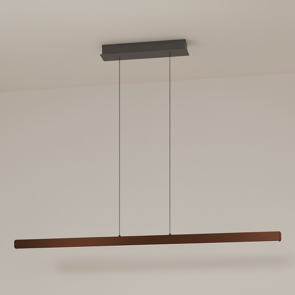 Linear pendant light with a dark brown finish and a long, slim profile, suspended from a dark grey ceiling mount