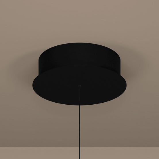 Black ceiling rose with a thin black cable extending downwards.