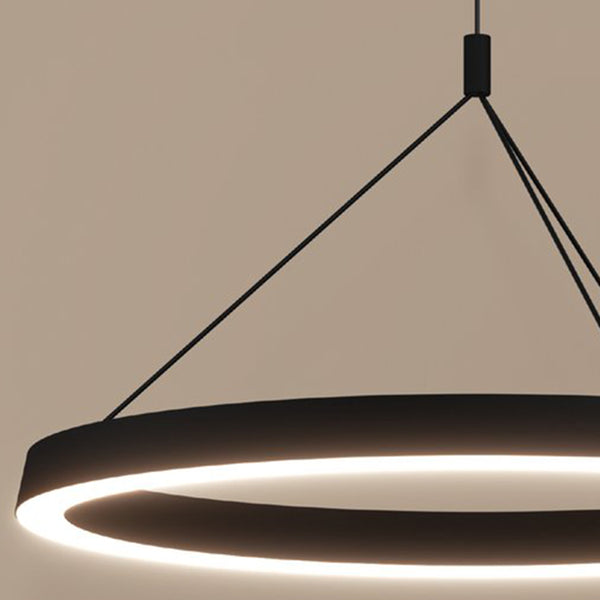 Modern black circular pendant light with a glowing white LED strip on the inner edge, suspended by thin wires.