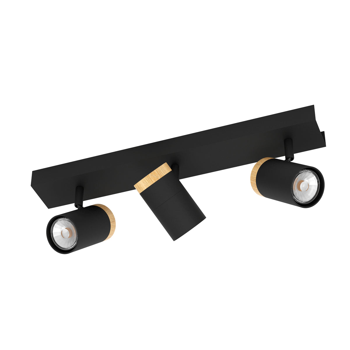 Black track light with three adjustable cylindrical spotlights, each featuring a light wood accent band.