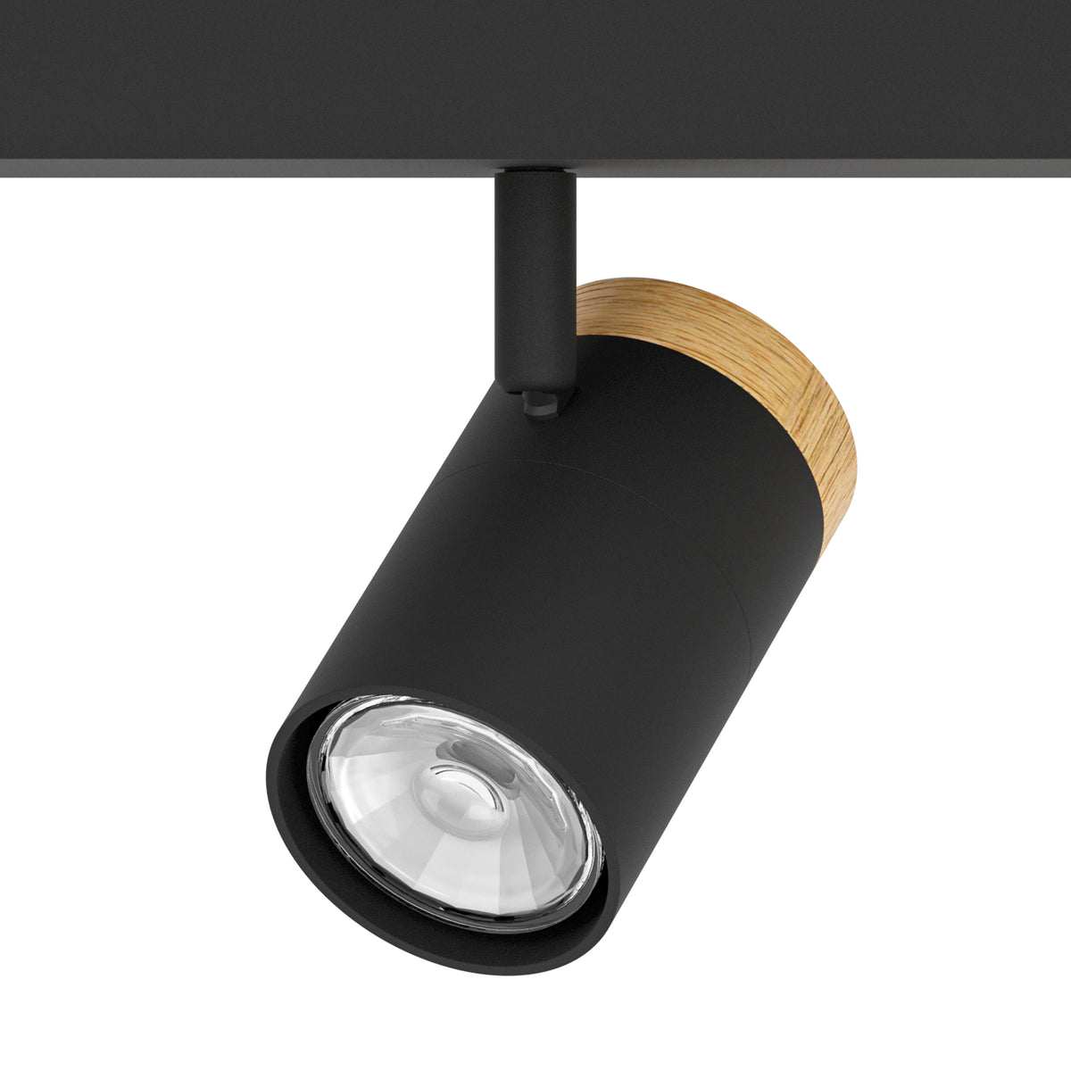 Black cylindrical track light with a wooden accent, angled downwards, on a white background. 