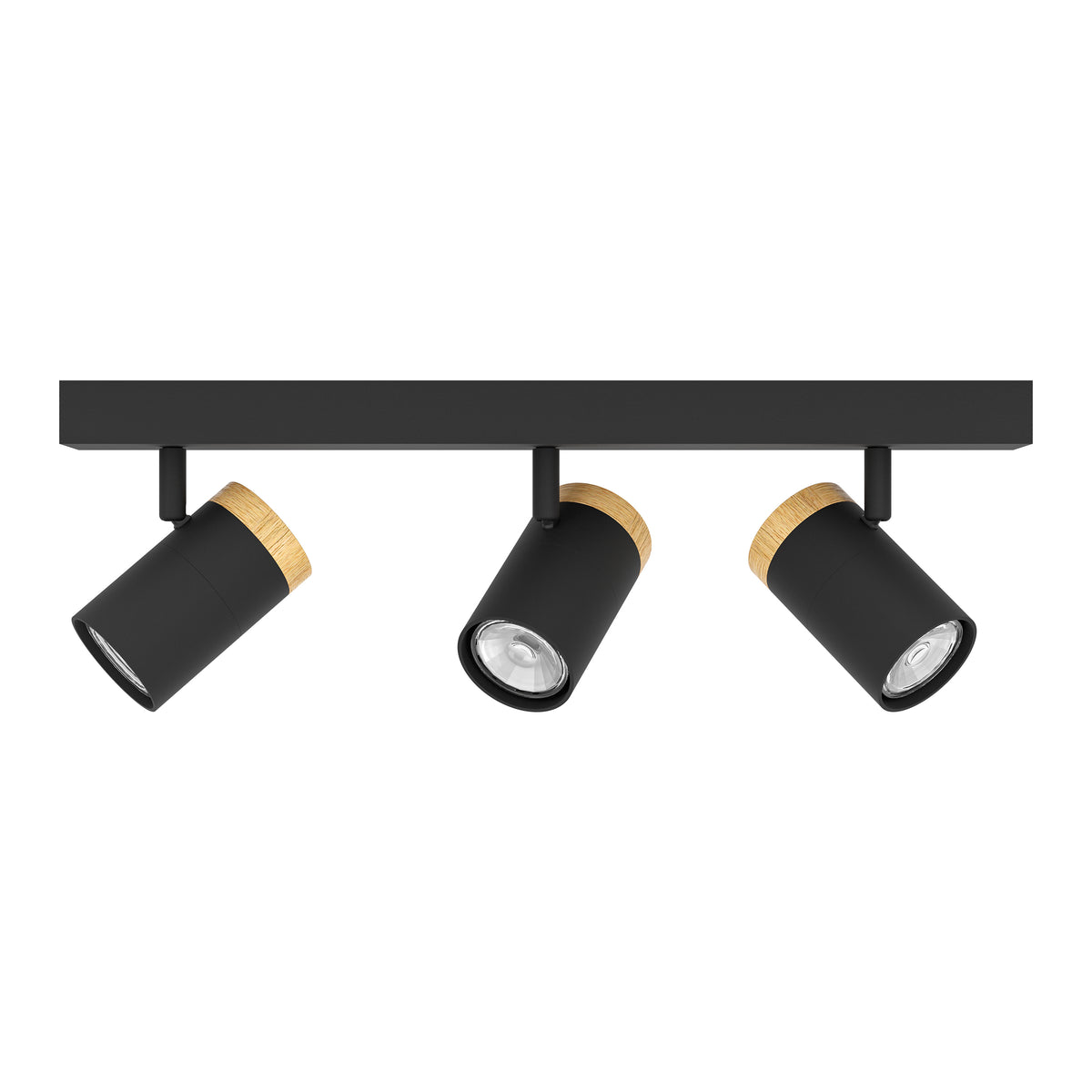 Three black track lights with wooden accents on a black track.