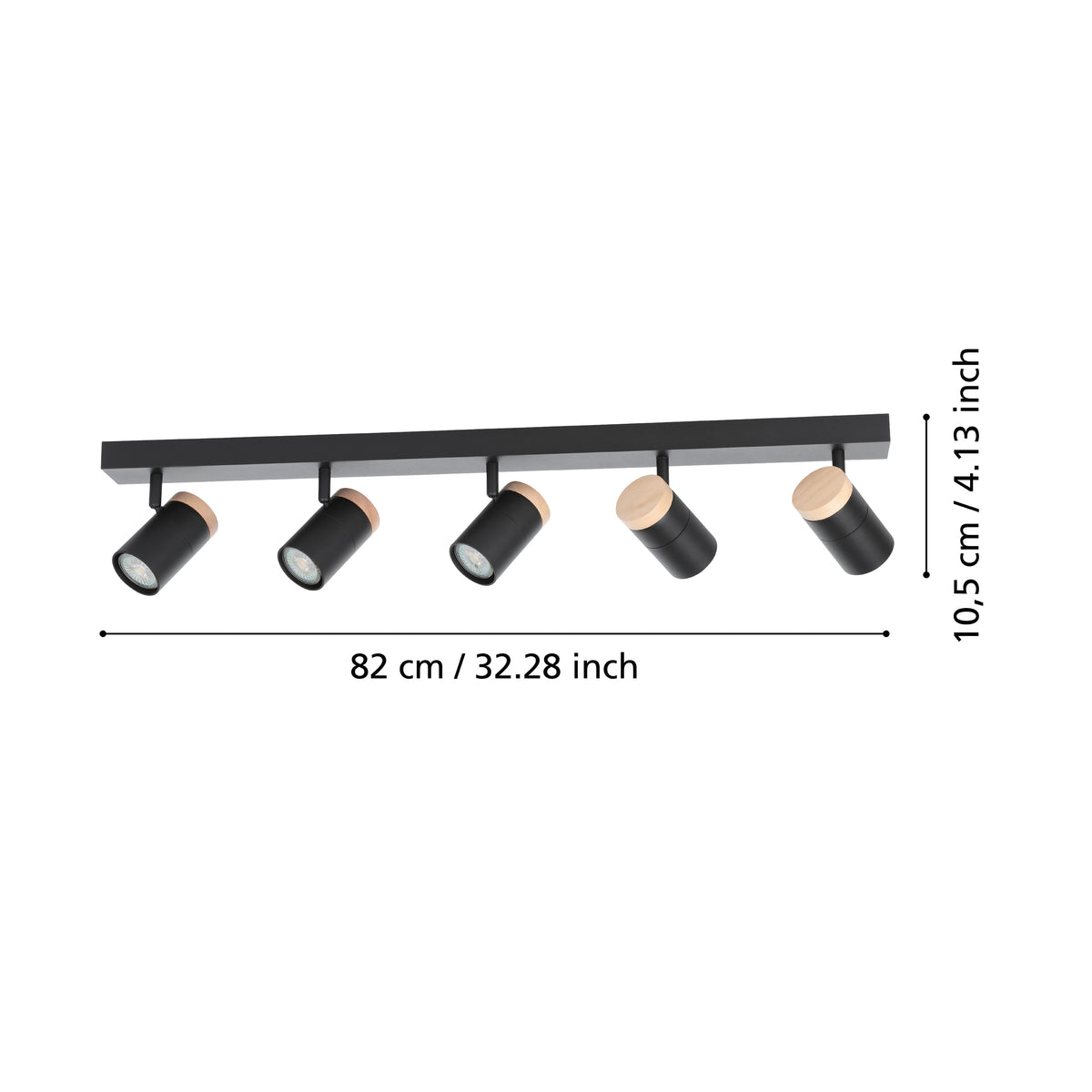Black track light with five adjustable spotlights, each with a light wood accent, showing dimensions.