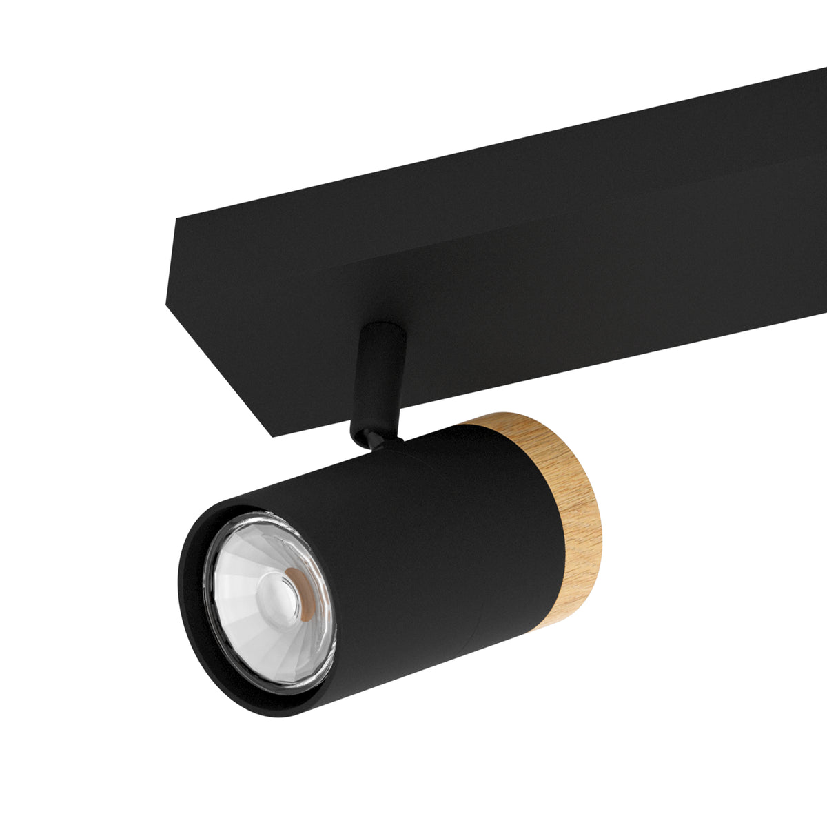 Black cylindrical track light with a light wood accent on one end, attached to a black track.