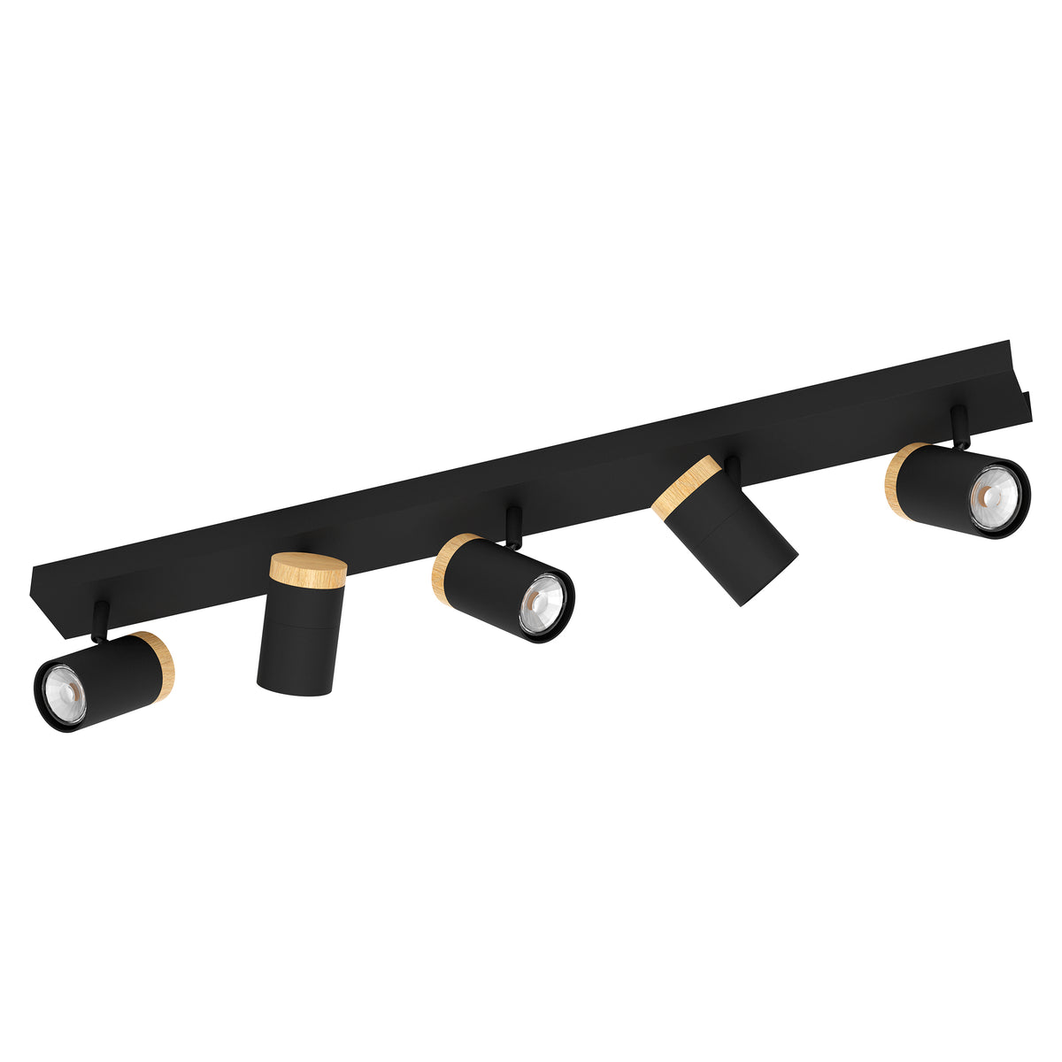 Black track lighting with five adjustable spotlights, each featuring a light wood accent band.
