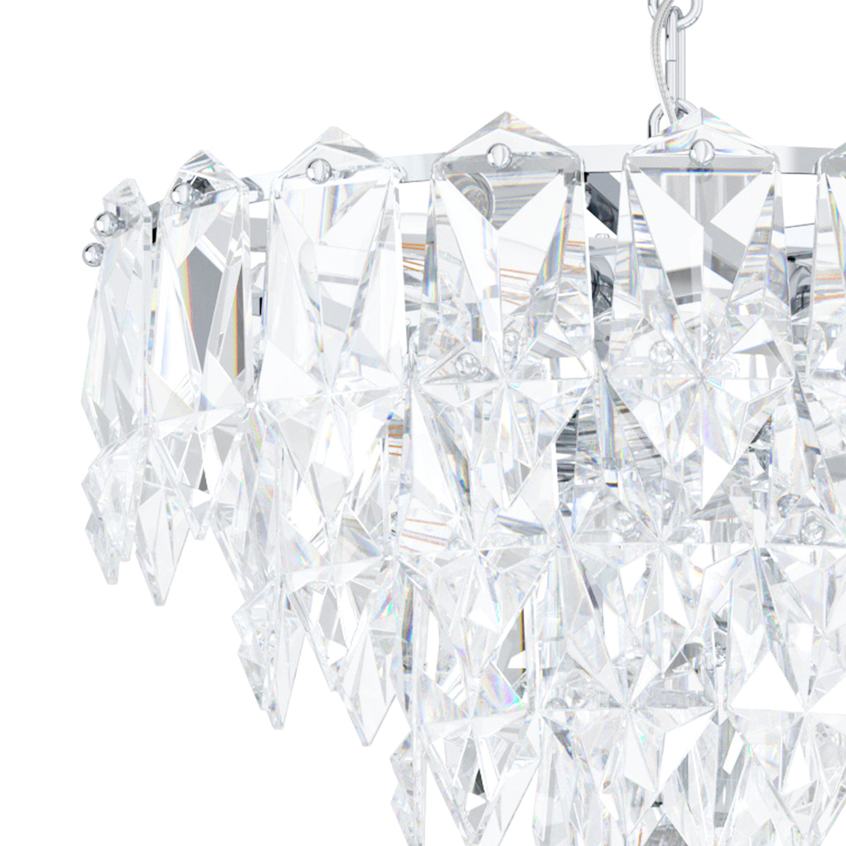 Close-up of a crystal chandelier with faceted clear crystals reflecting light, hanging from a silver chain.