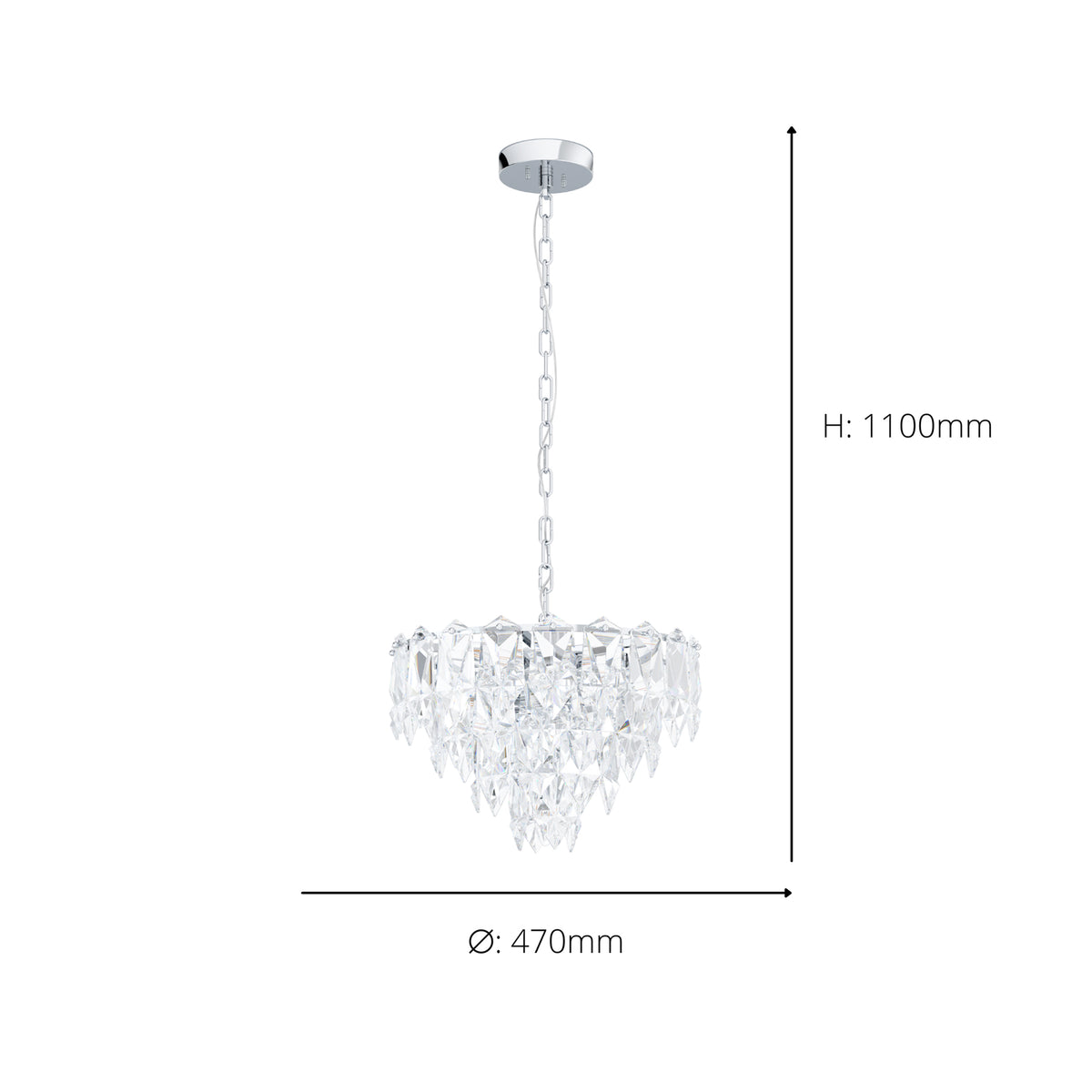 Crystal chandelier with chrome ceiling plate and chain, showing dimensions of 1100mm height and 470mm diameter. 