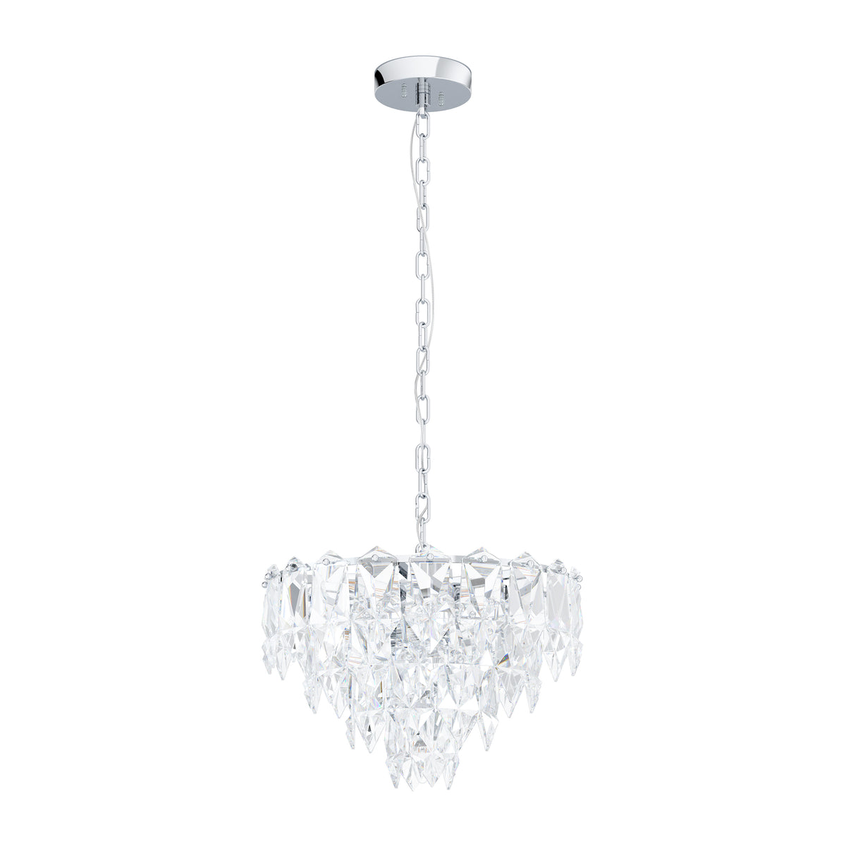 A modern chandelier with a chrome base and chain, featuring multiple clear, faceted crystal pieces forming a tiered design.