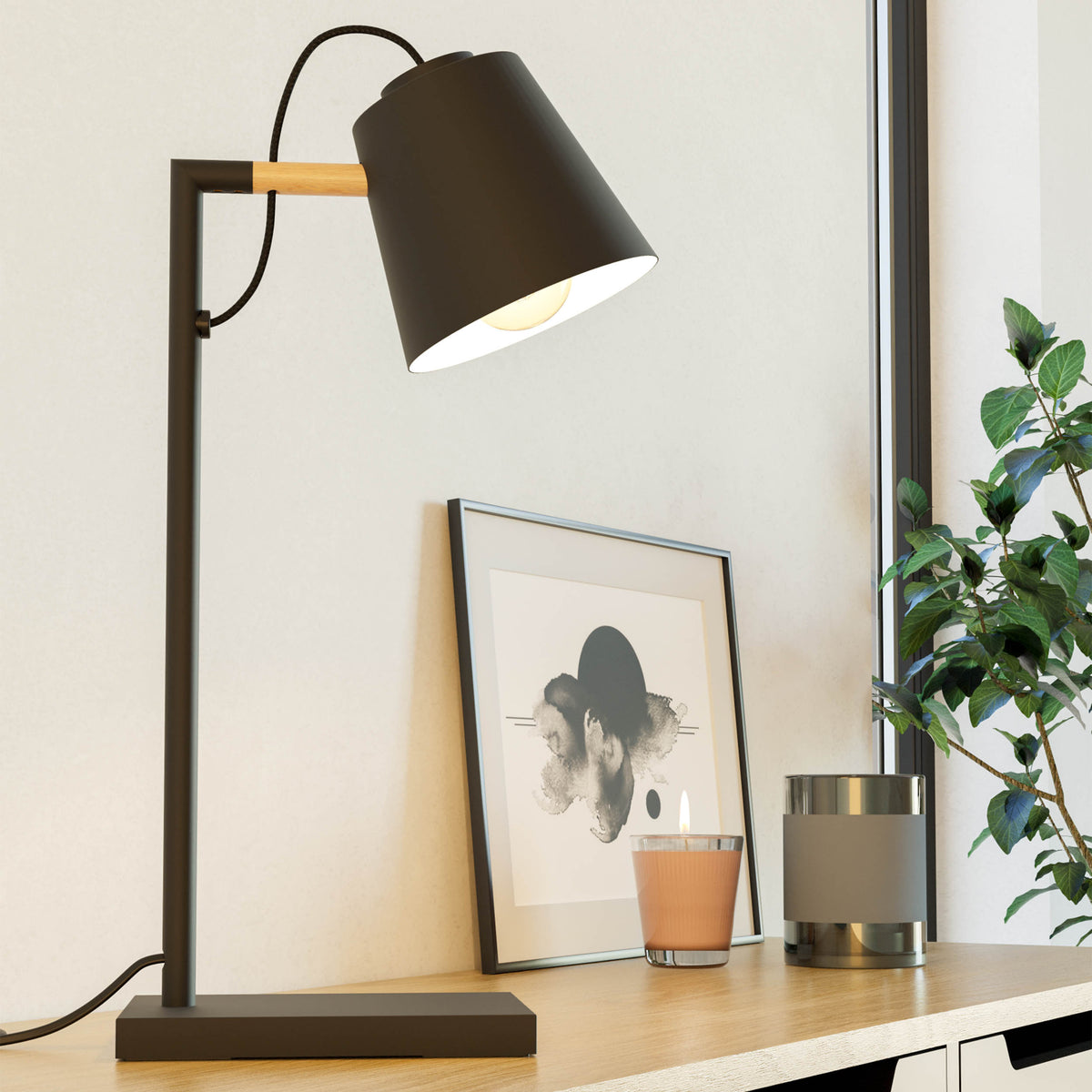 Lacey Table Lamp in Black with Wood Detailing