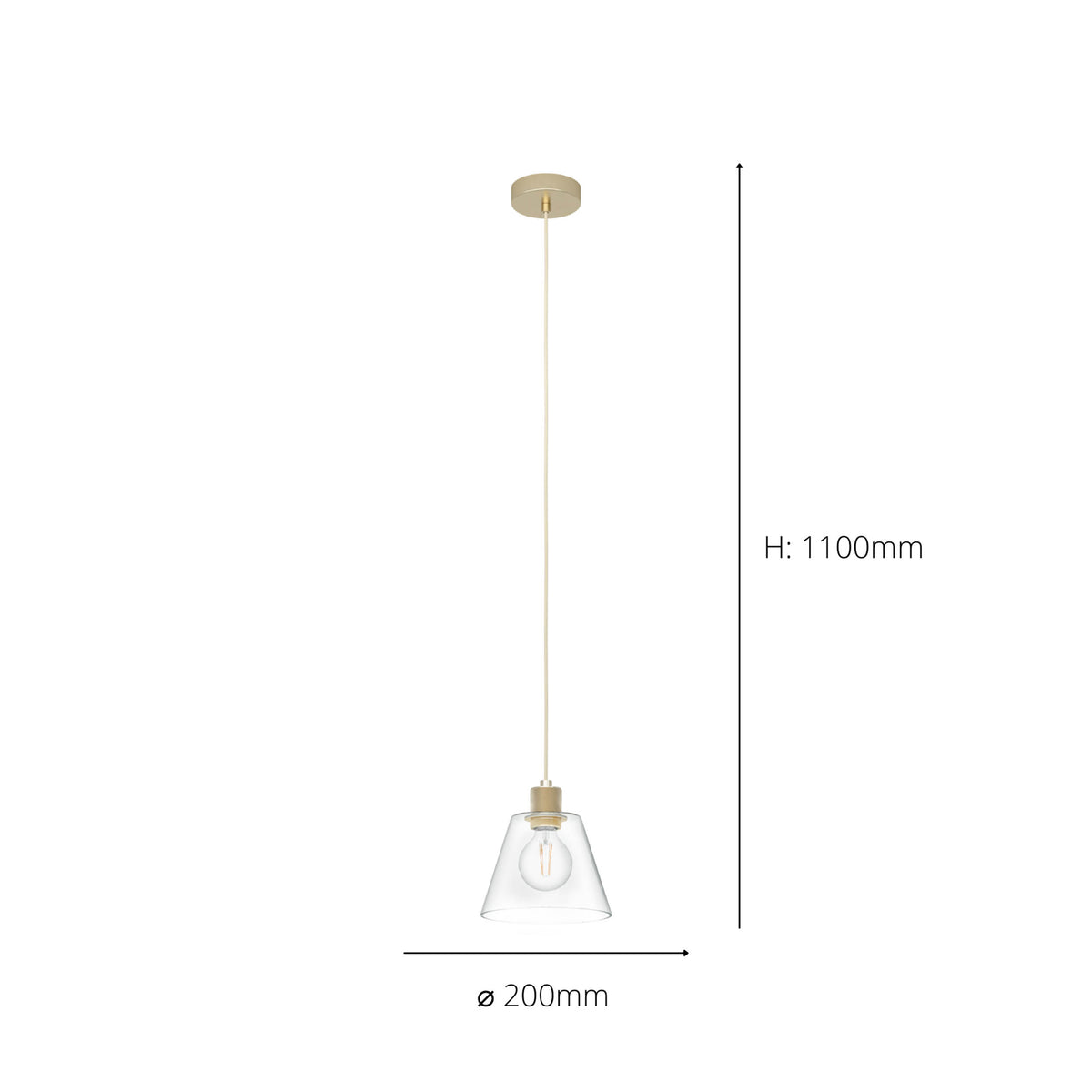 A diagram of a pendant light showing its dimensions: 1100mm height and 200mm diameter.