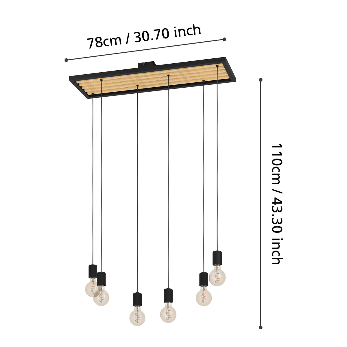 Consett Six Drop Linear Pendant in Wood with Black Metal Detailing