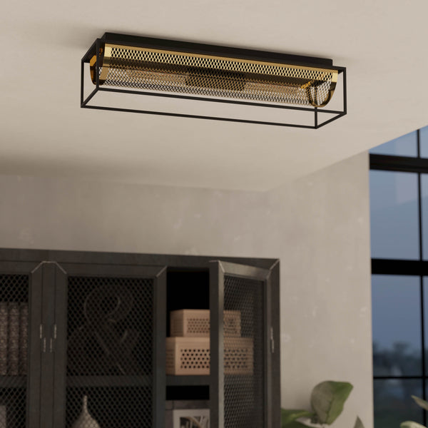Nohales Two Lamp Ceiling Light in Black with Metal Mesh Element in Brass