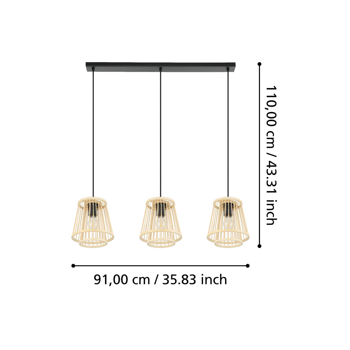 Hykeham Triple Drop Linear Pendant with Natural Bamboo Lampshades