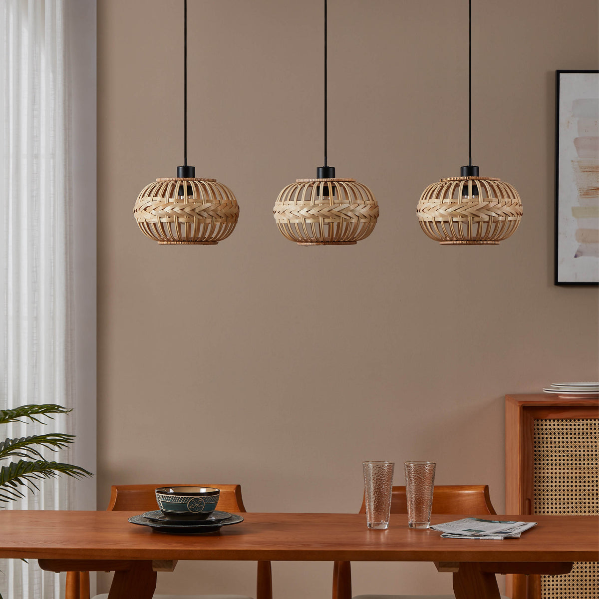 Amsfield 1 Triple Drop Linear Bamboo Wickerwork Pendant