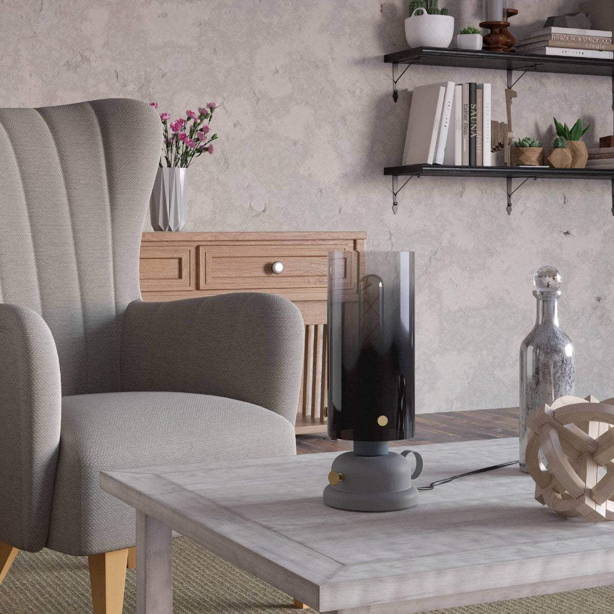 Gargrave Table Lamp in Grey with Brass Detail and Glass Diffuser