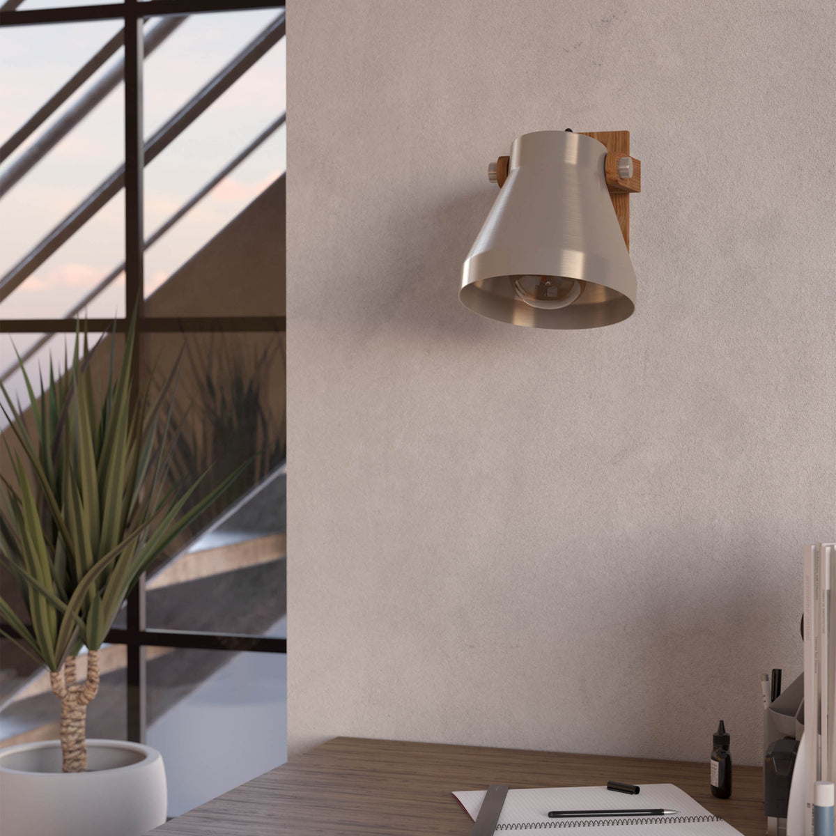 Cawton Single Spotlight with Wooden Base and Steel Lampshade