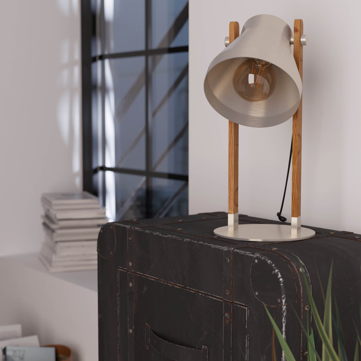 Cawton Table Lamp with Wooden Detail and Steel Lampshade