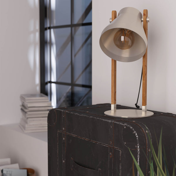 Cawton Table Lamp with Wooden Detail and Steel Lampshade