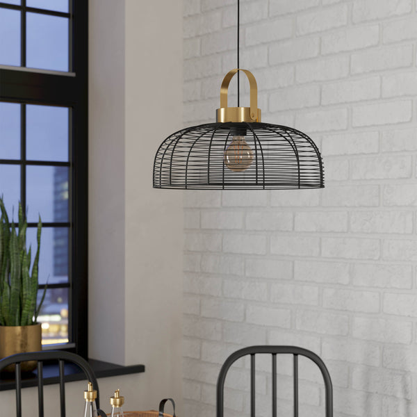 Roundham 450mm Pendant with Black Wired Lampshade with Brushed Brass Detailing
