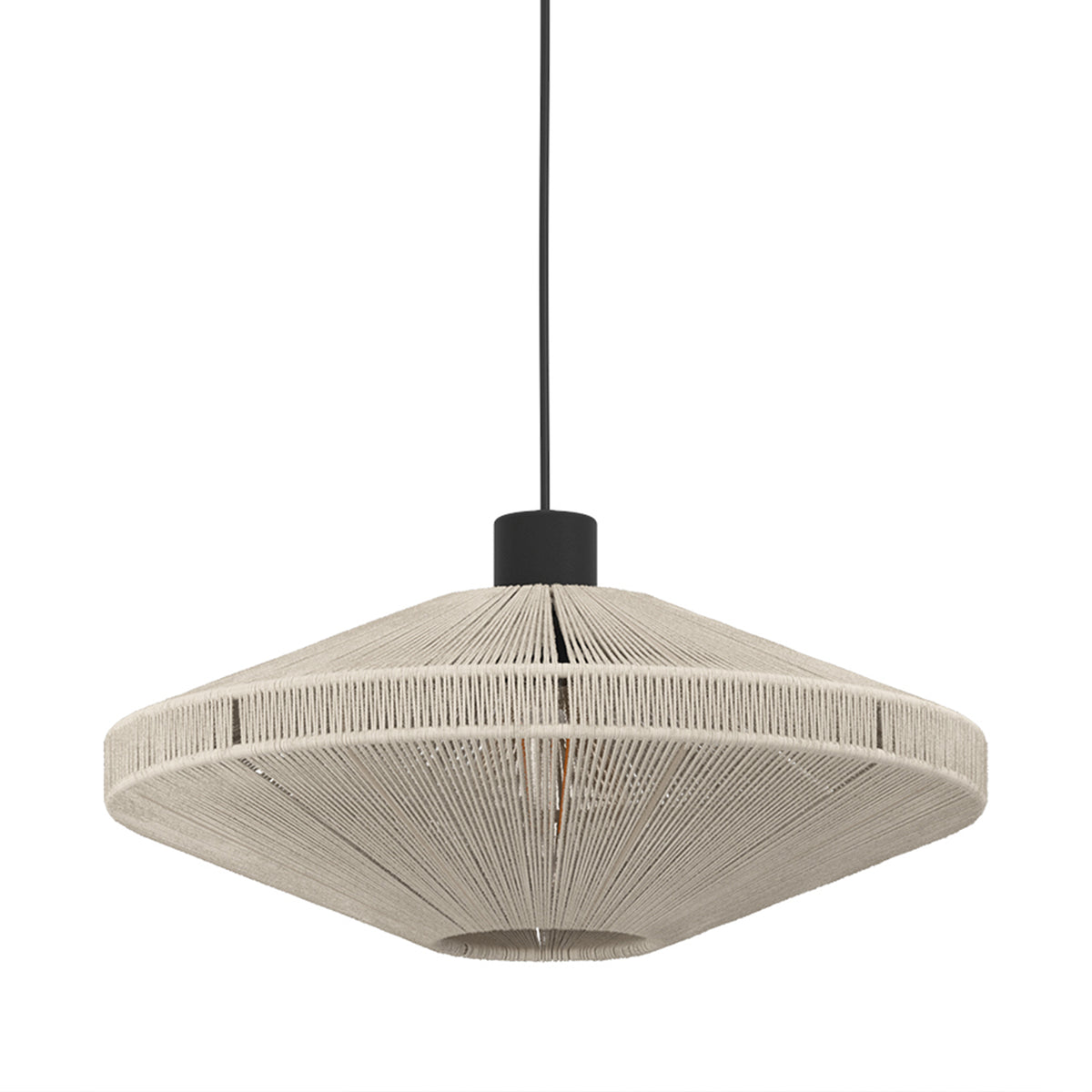 Cream rope pendant light with a black cord and ceiling fixture
